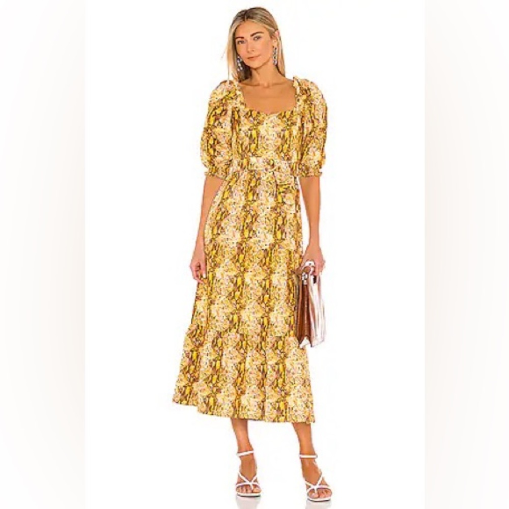 FAITHFULL the Brand Yellow‎ Snake Print Linen Midi Peasant Dress Size 12 Large